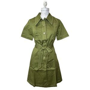 Modcloth Retro Mini Shirt Dress Belted Button Up Short Sleeve Green Women 2 NWT